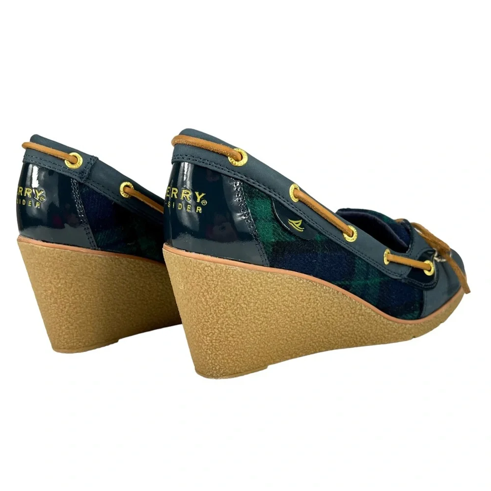 Sperry Top-Sider | Goldfish Navy & Green Plaid Wedge Heels Boat Shoes Women’s 6M